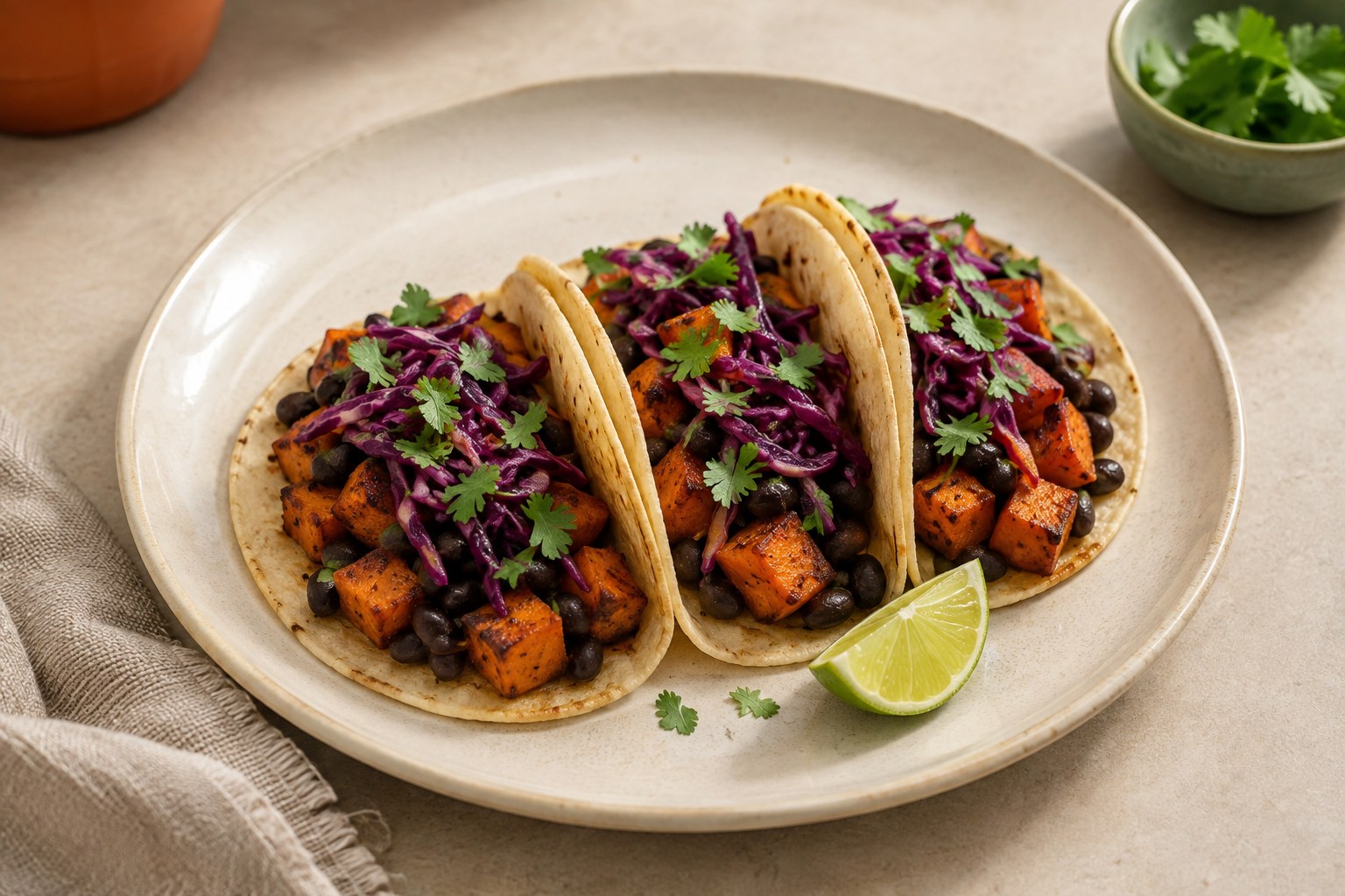 Black bean and sweet potato tacos topped with purple cabbage and fresh cilantro