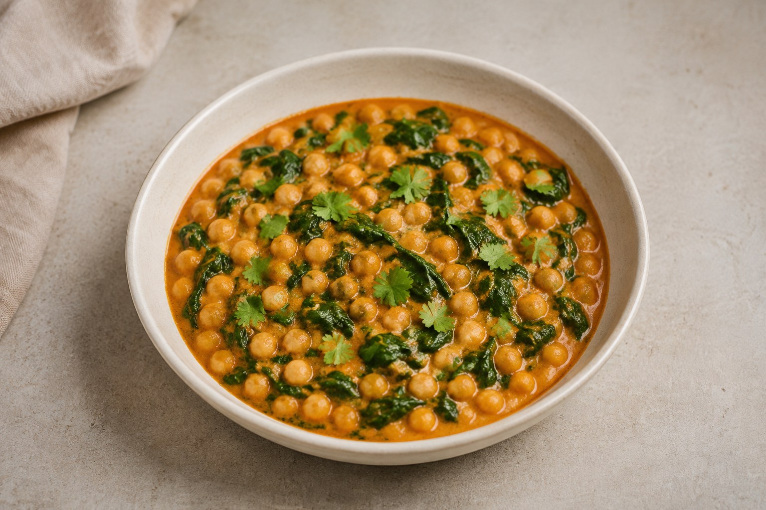 Chickpea and spinach curry in a bowl with fresh lime